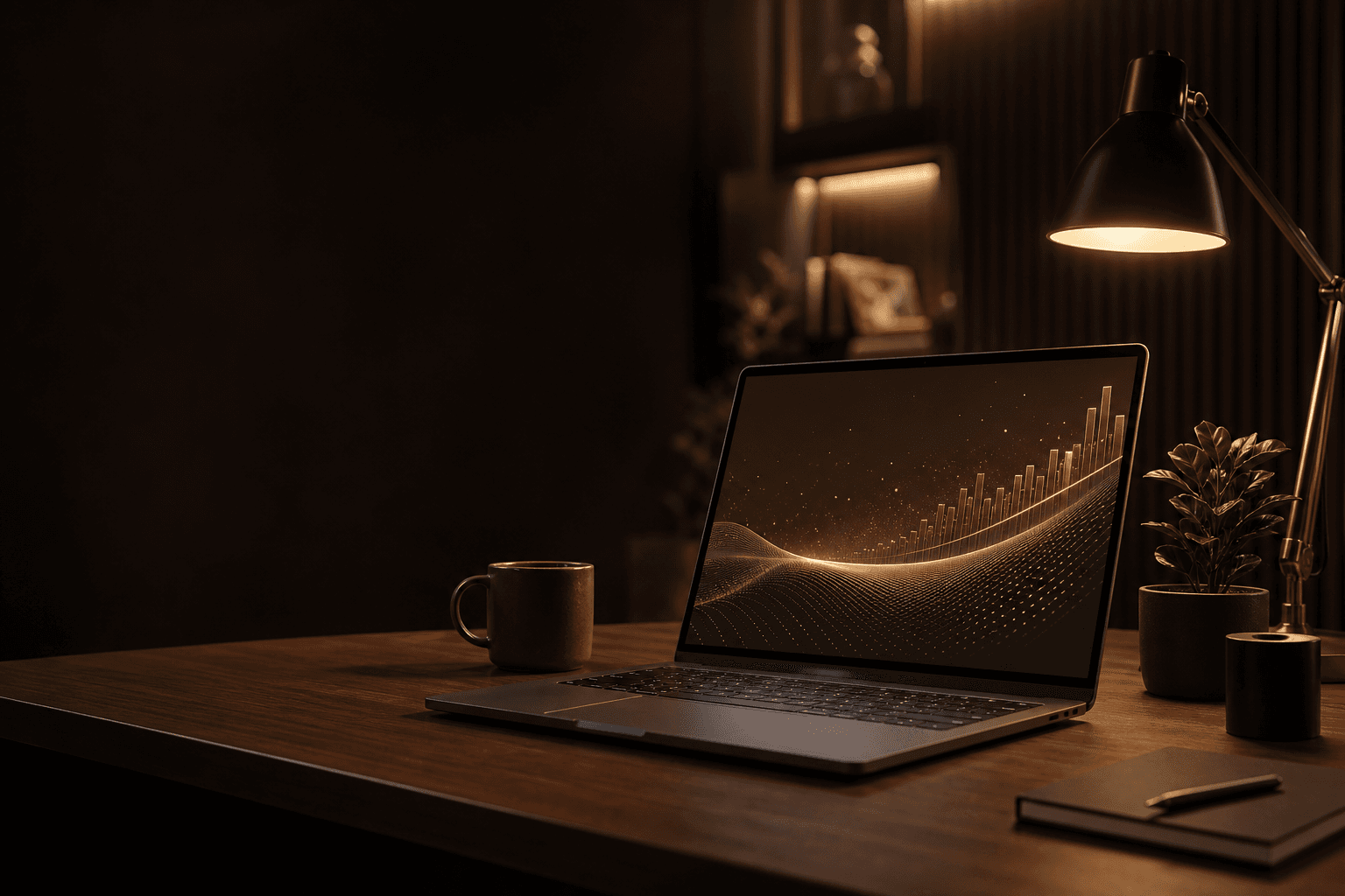 Warm modern technology workspace with laptop displaying business growth analytics
